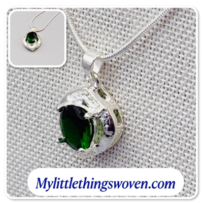Faux Emerald Pendant & Necklace, Sterling Silver 925, Snake Chain, Adjustable