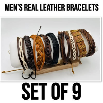 Men's bracelets real leather multicoloured Set of 9