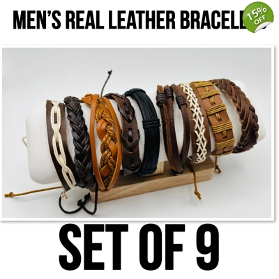 Men's bracelets real leather multicoloured Set of 9