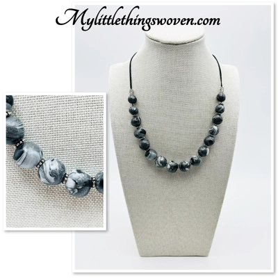 Black & White Beaded Necklace, Polymer Clay, Spiral Pattern, Handmade,