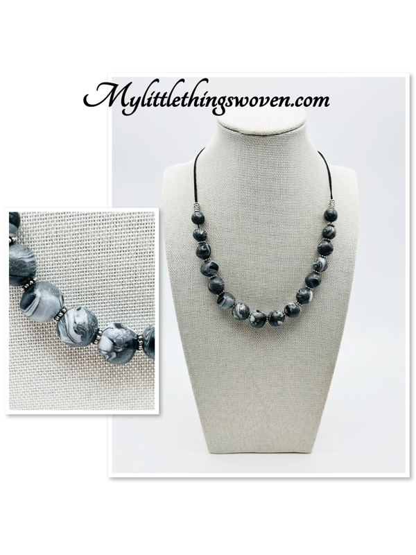 Black & White Beaded Necklace, Polymer Clay, Spiral Pattern, Handmade,