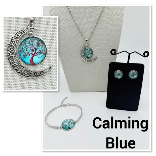 Glass Cabochon Tree of Life Necklace, Earrings & Bracelet 3 Piece Set in choice of colours