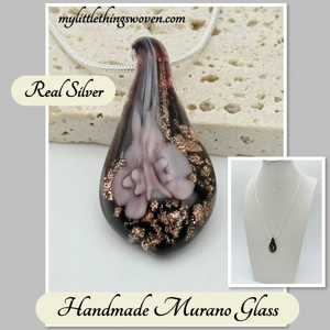 Murano Glass Drop Pendant & Necklace, Real Silver 925 Snak..