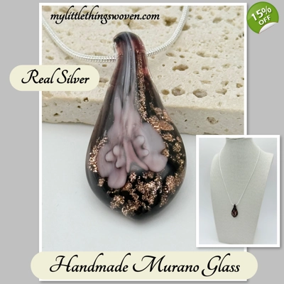 Murano Glass Drop Pendant & Necklace, Real Silver 925 Snake Chain
