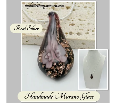 Murano Glass Drop Pendant & Necklace, Real Silver 925 Snake Chain