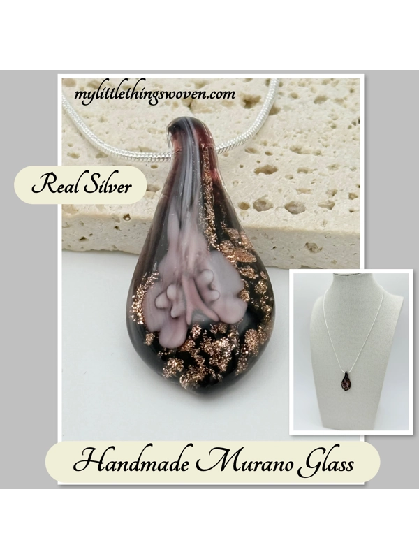 Murano Glass Drop Pendant & Necklace, Real Silver 925 Snake Chain