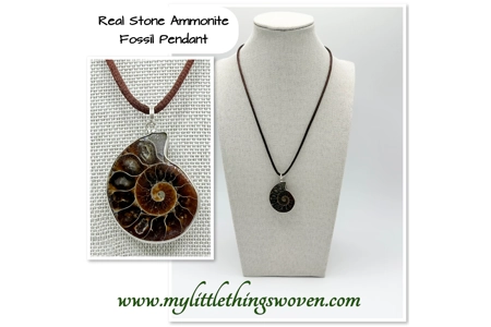 Ammonite Fossil Stone Pendant and Necklace, 18" long Brown Cord
