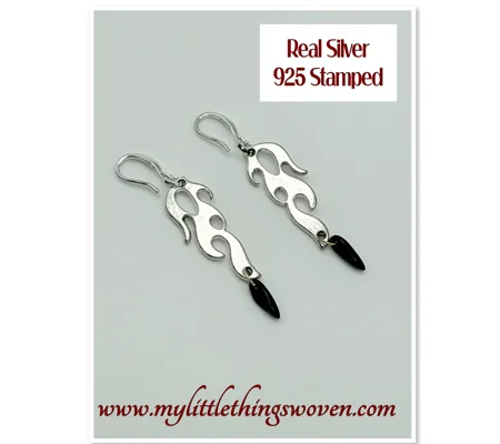Real Silver Flame Dangle Drop Beaded Earrings in Red or Black