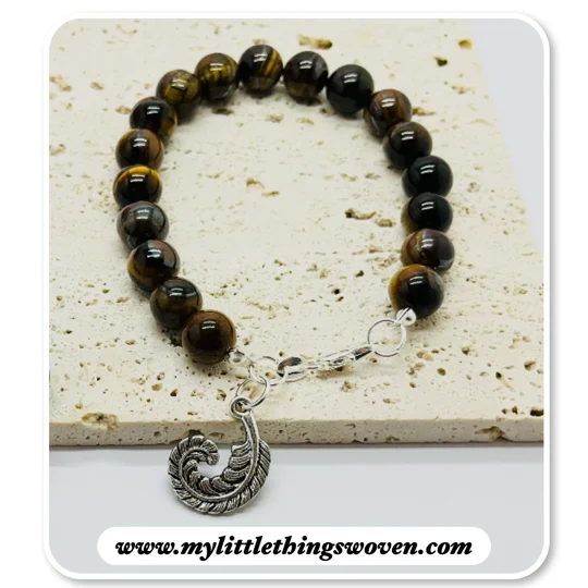 Tigers Eye Natural Stone Bead Bracelet choice of dangle charm Silver925