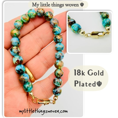 Turquoise/Gold 8mm Round Opaque Glass Draw bench Style Beaded Bracelet, Gold Plated, Handmade