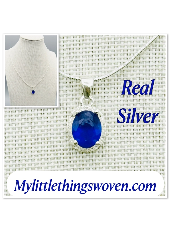 Faux Sapphire Pendant & Necklace, Sterling Silver 925, Snake Chain, Adjustable