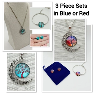 Glass Cabochon Tree of Life Necklace, Earrings & Bracelet 3 Piece Set in choice of colours
