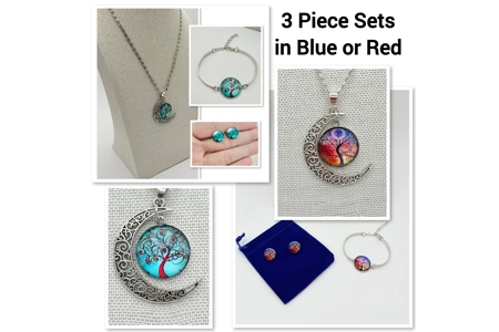 Glass Cabochon Tree of Life Necklace, Earrings & Bracelet 3 Piece Set in choice of colours