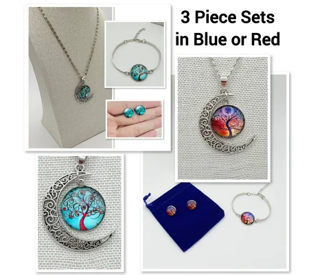 Glass Cabochon Tree of Life Necklace, Earrings & Bracelet 3 Piece Set in choice of colours