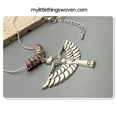 Winged Isis Goddess Amulet Pendant/Necklace with Pink Rondelle Beading, Sterling Silver