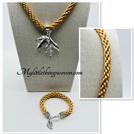 Leaf Pendant & Necklace And Charm Bracelet, Handwoven Silk,Silver