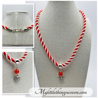 Red And White Spiral Braid Necklace & Bracelet Set With Love Heart Theme Silver