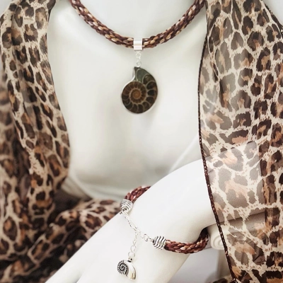 Ammonite Fossil Necklace & Pendant + Bracelet 2 piece set Handmade Brown Multi
