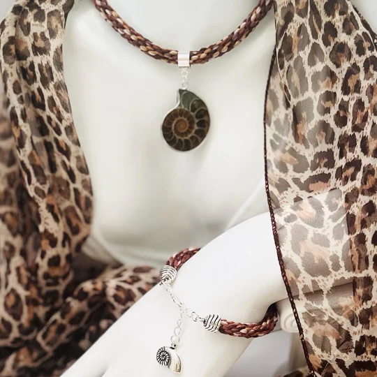 Ammonite Fossil Jewellery Set, Kumihimo Braid, Handmade, Brown/Silver