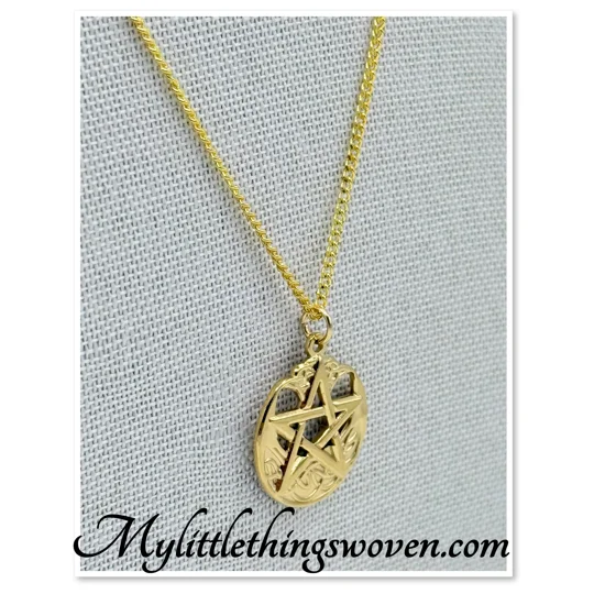 Gold Pentagram Medallion Pendant & Necklace 18k Gold Plated