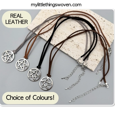 Men's Silver Pentagram Pendant/Necklace, Real Leather Cord - Choice of Colours, Men's Silver Pentagram Pendant/Necklace, Real Leather Cord - Choice of Colours,