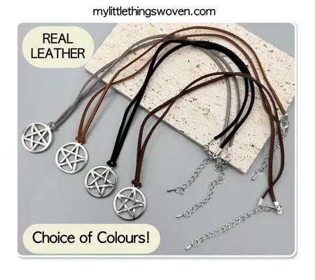 Men's Silver Pentagram Pendant/Necklace, Real Leather Cord - Choice of Colours,