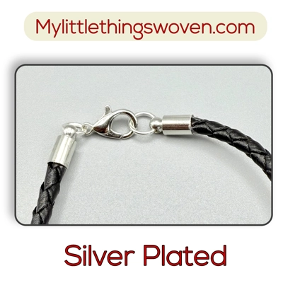 Men's Black Real Leather Braided Cord Bracelets, Silver Plated