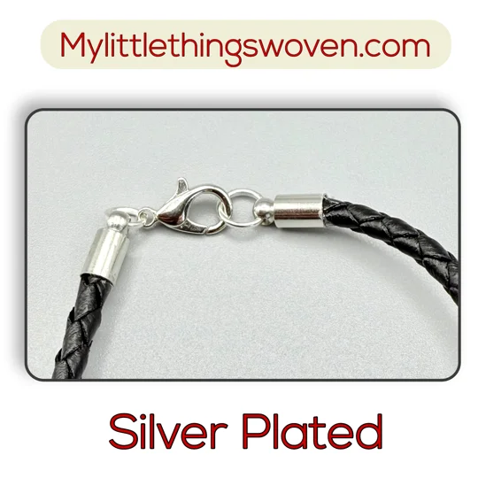 Men's Black Real Leather Braided Cord Bracelets, Silver Plated