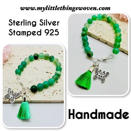 Green Striped Agate Quartz Stone Bead Bracelet + tassel and butterfly dangle charms