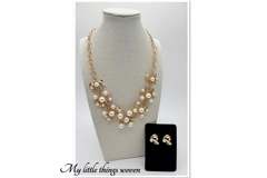 Gold & Faux Pearl Necklace & Earrings Jewellery Set
