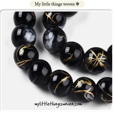 Black/Gold 8mm Round Opaque Glass Draw bench Style Beaded Bracelet, Gold Plated, Handmade Black/Gold 8mm Round Opaque Glass Draw bench Style Beaded Bracelet, Gold Plated, Handmade