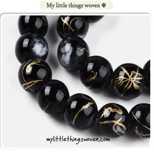 Black/Gold 8mm Round Opaque Glass Draw bench Style Beaded Bracelet, Gold Plated, Handmade