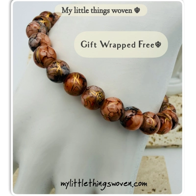 Chocolate/Brown 8mm Round Opaque Draw bench style, Beaded Bracelet, Gold Plated, Handmade