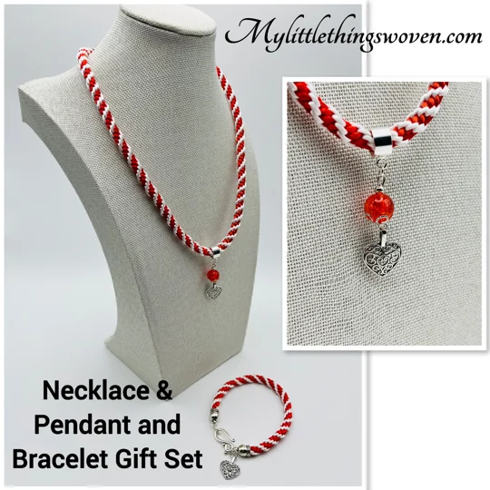 Red And White Spiral Braid Necklace & Bracelet Set With Love Heart Theme Silver