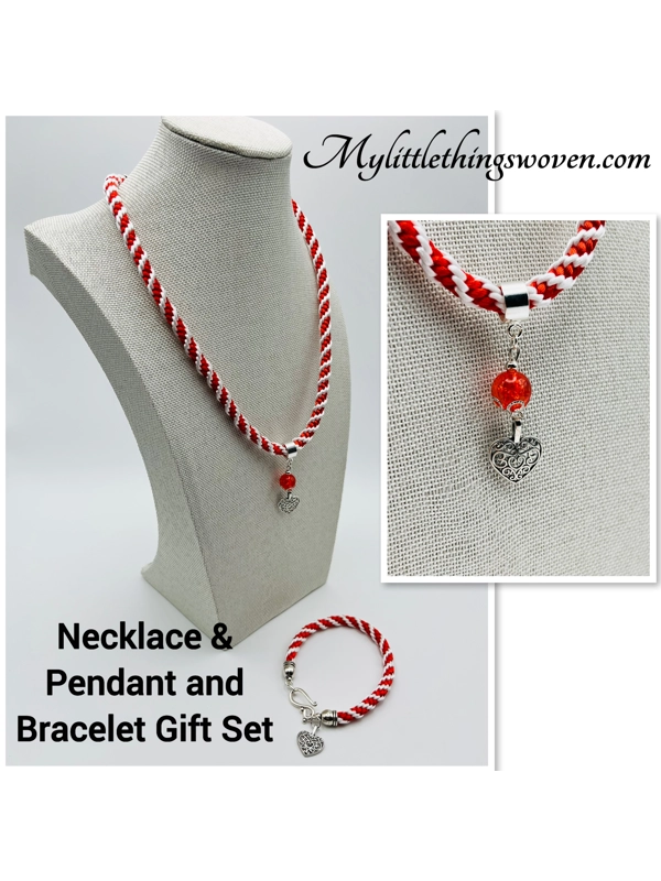 Red And White Spiral Braid Necklace & Bracelet Set With Love Heart Theme Silver