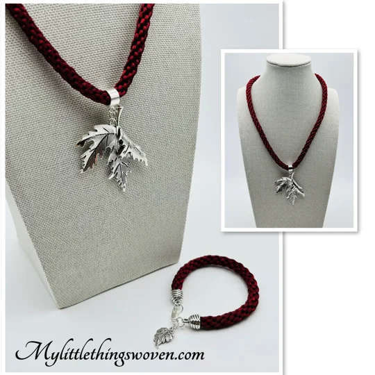 Leaf Pendant & Necklace And Charm Bracelet, Handwoven Silk,Silver