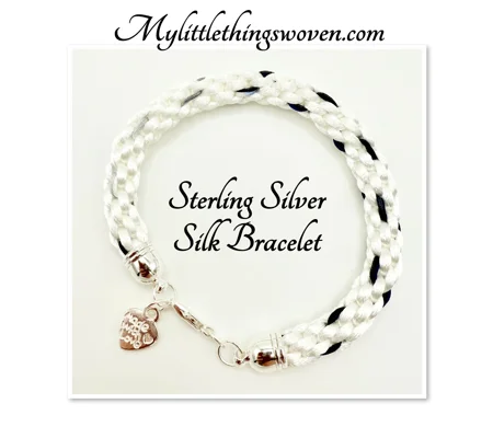 White & Blue Silk Braided Cord Bracelet Real Silver 925 "Made with love" Heart Dangle Charm