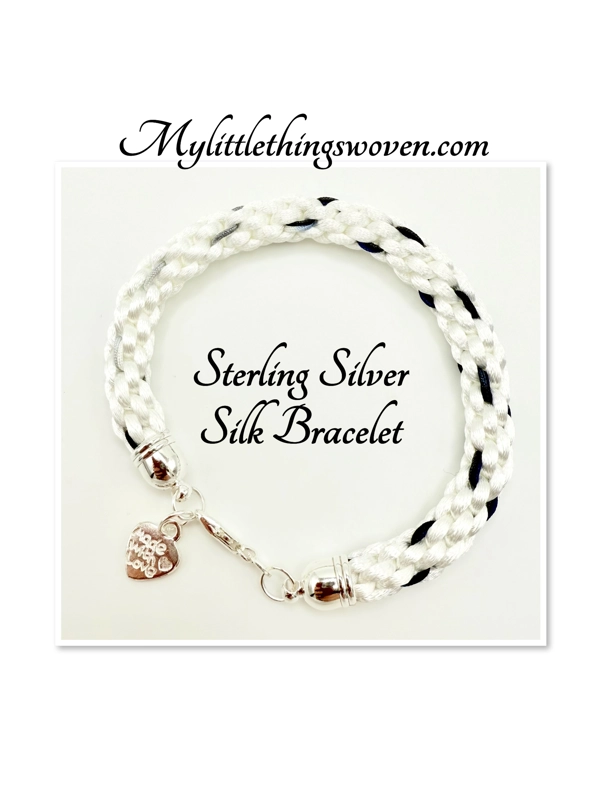 White & Blue Silk Braided Cord Bracelet Real Silver 925 "Made with love" Heart Dangle Charm