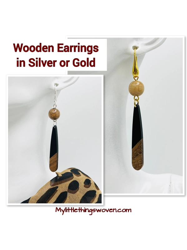 Natural Wood and Polymer Clay Dangle Drop Earrings available in Sterling Silver 925 or 18k Gold Plat