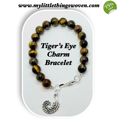 Tigers Eye Natural Stone Bead Bracelet choice of dangle charm Silver925