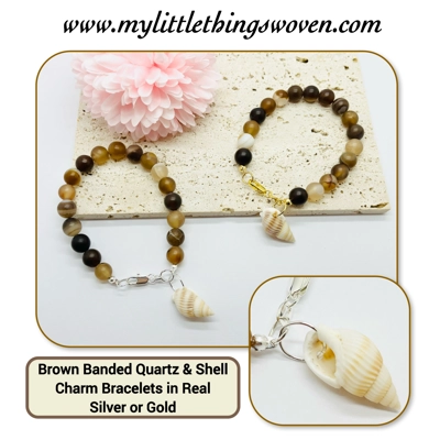 Brown Banded Striped Agate Natural Stone Bead Bracelet + shell dangle charm in Silver or Gold