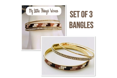 Gold & Brown Metal Sparkly Bangles Set Of 3