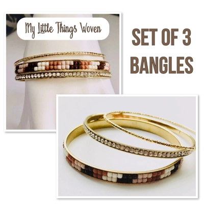 Gold & Brown Metal Sparkly Bangles Set Of 3