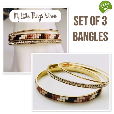 Gold & Brown Metal Sparkly Bangles Set Of 3