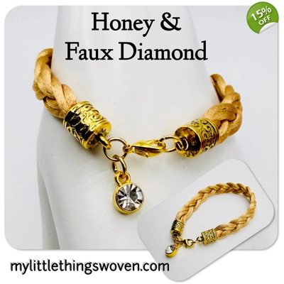 Honey-Beige Braided Bracelet with Faux Diamond Dangle Charm, Gold.