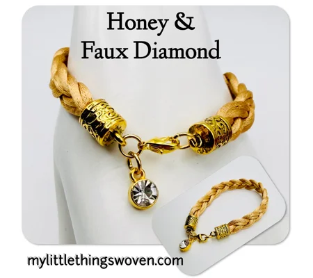 Honey-Beige Braided Bracelet with Faux Diamond Dangle Charm, Gold.