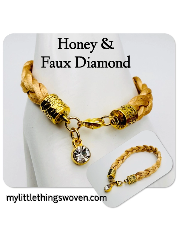 Honey-Beige Braided Bracelet with Faux Diamond Dangle Charm, Gold.