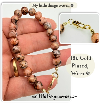 Chocolate/Brown 8mm Round Opaque Draw bench style, Beaded Bracelet, Gold Plated, Handmade