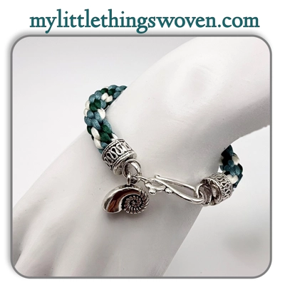 Teal Multicoloured Kumihimo Braided Bracelet with Silver Conch Shell Dangle Charm