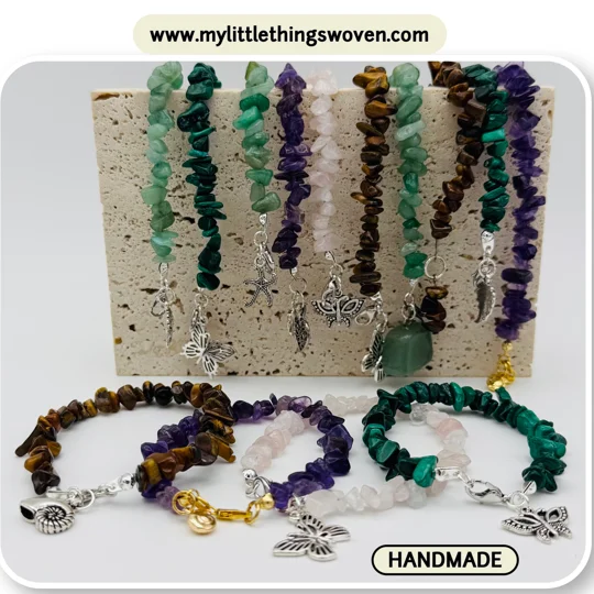 Quartz semi precious chipped gemstone bracelets with choice of dangle charm